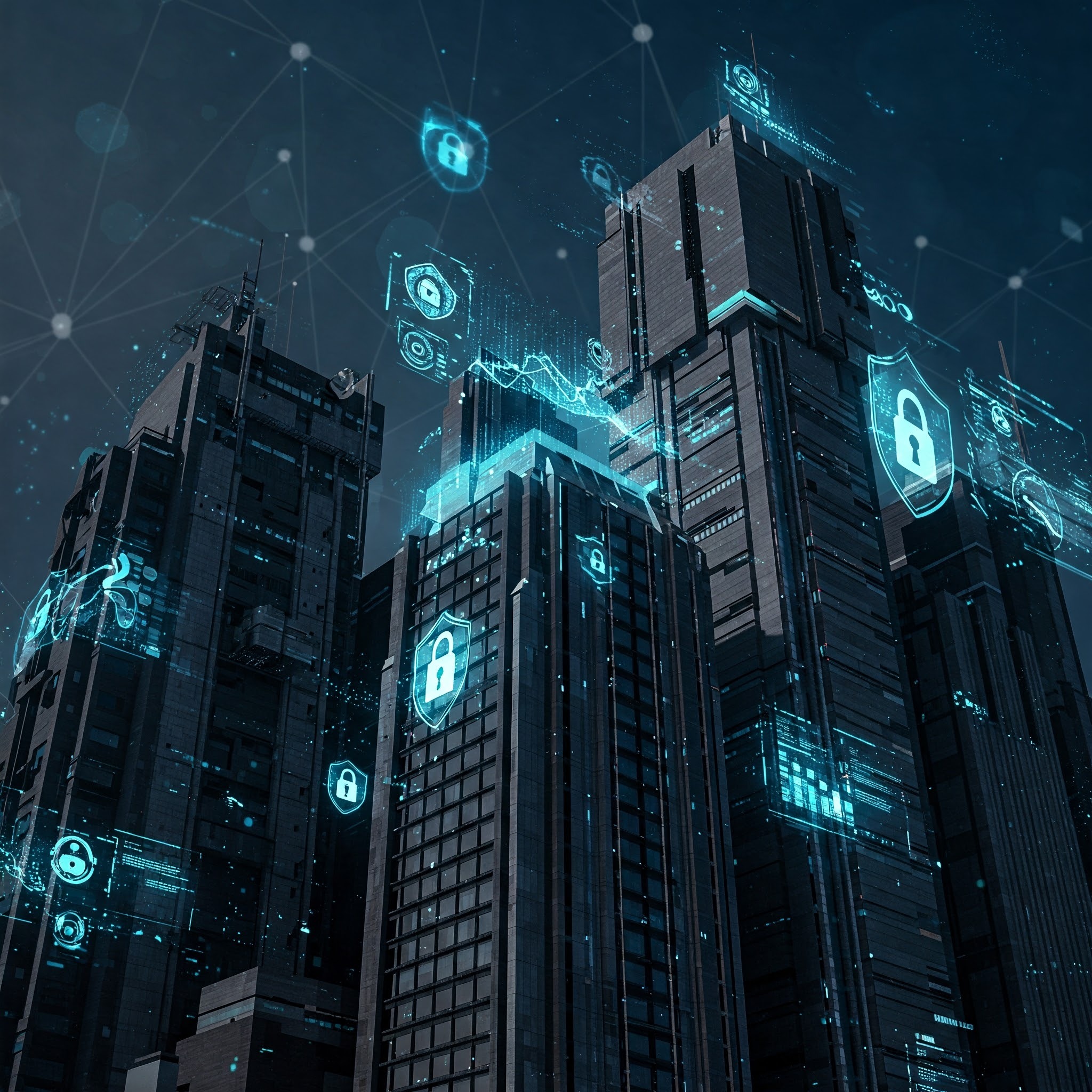 A futuristic city with stylized digital projections