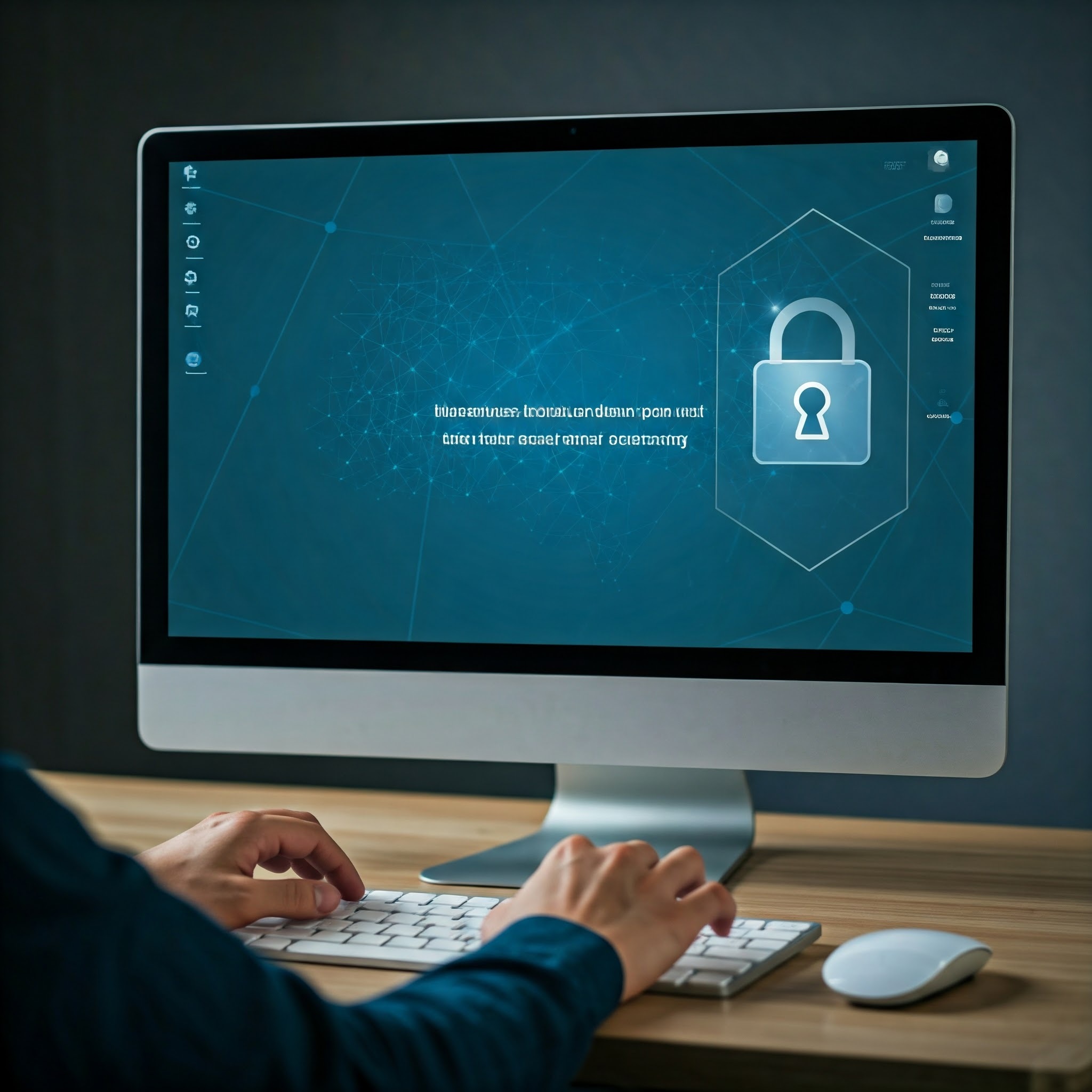 A computer with obscured text and a lock image